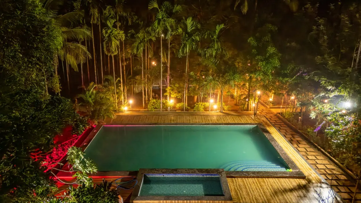 Nature & Adventure Stay swimming pool at night